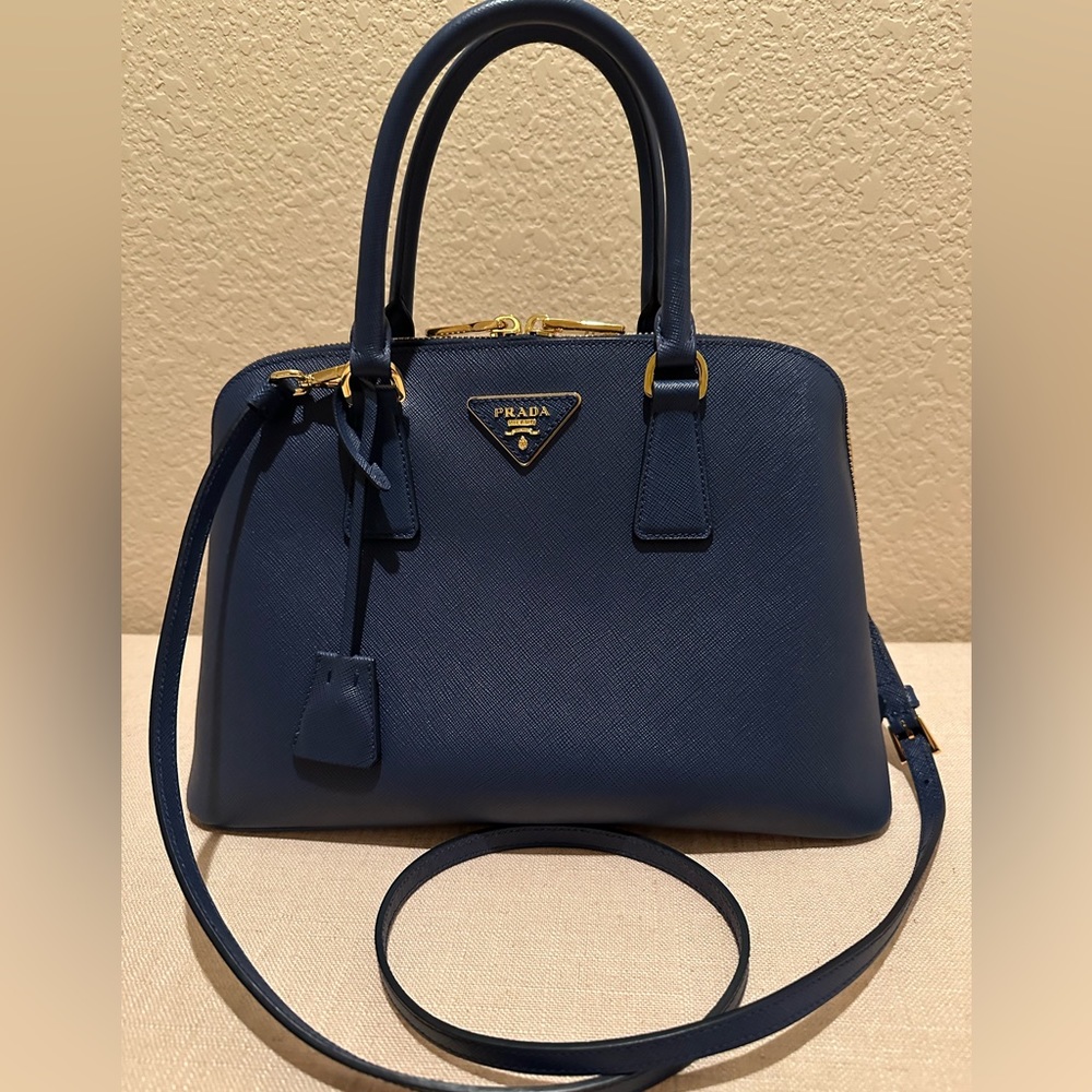 Authentic Classic Prada - blue and gold satchel with removable cross body strap